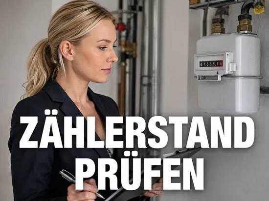 Konzentrierte Geschäftsfrau notiert den Stand eines Gaszählers auf einem Klemmbrett, Symbolbild dafür dass Gas- und Fernwärmekunden ihren Zählerstand prüfen sollen