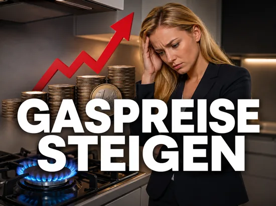 Besorgte Geschäftsfrau neben einer Gasflamme vor gestapelten Euro-Münzen und rotem Aufwärtspfeil, Symbolbild für die wahrscheinlichen Gaspreiserhöhungen