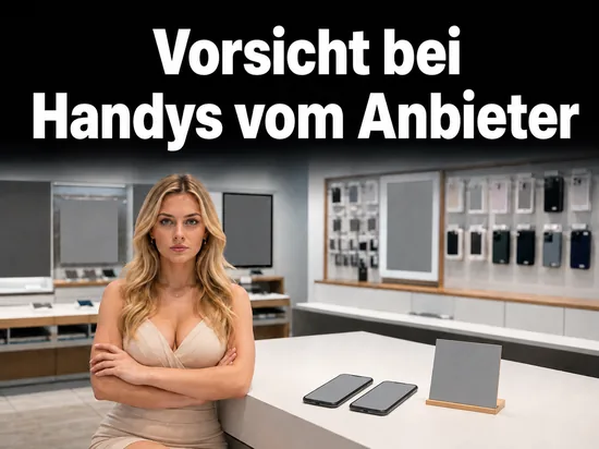 Frau im Handyladen mit zwei Smartphones auf dem Verkaufstisch
