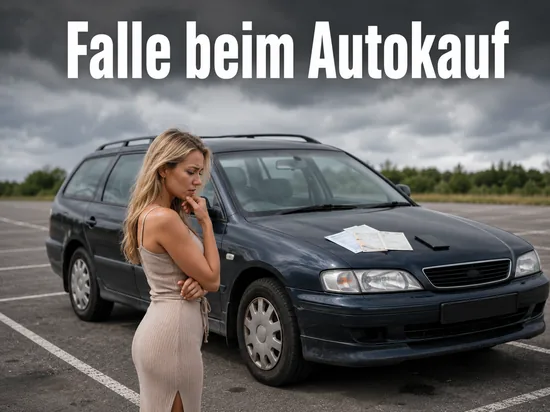 Frau vor einem Gebrauchtwagen mit Fahrzeugpapieren auf der Motorhaube: neue Betrugsmasche beim Autokauf im Netz