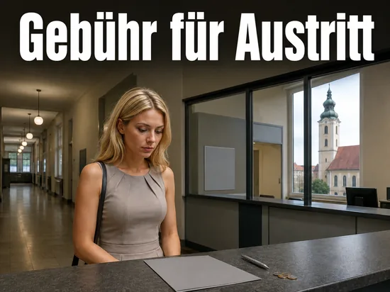 Amtsflur mit Tresen, Formular und Muenzen, im Fenster ein Kirchturm