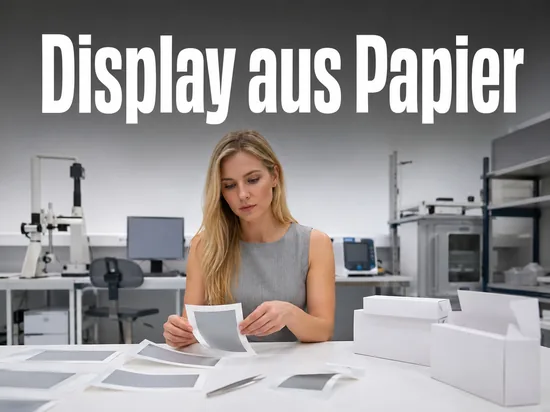 Blonde Frau in einem Forschungslabor hält eine dünne Papierfolie mit aufgedruckter grauer Displayfläche in den Händen