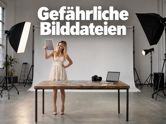 Frau hält in einem Fotostudio einen Fotoabzug prüfend ins Licht