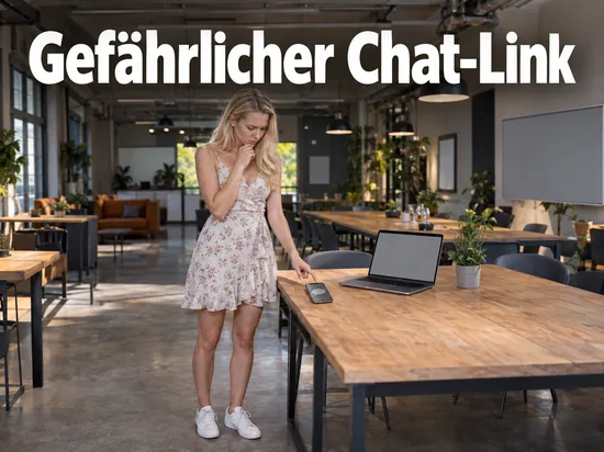 Frau zögert in einem Coworking-Space, auf ein Smartphone neben einem Laptop zu tippen