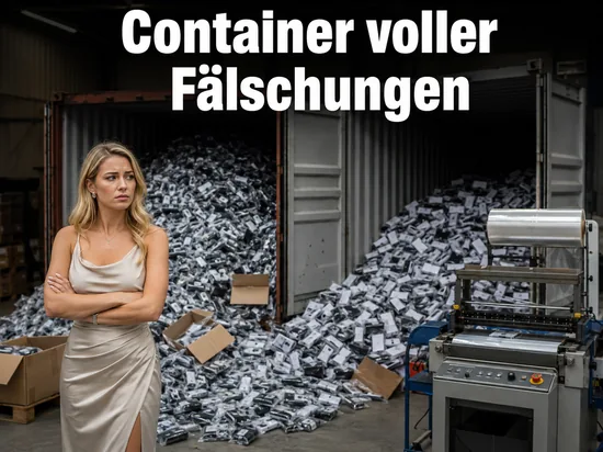 Frau in einer Lagerhalle vor Containern mit eingeschweissten Handyteilen: Razzia bringt eine Million gefaelschte Teile zutage