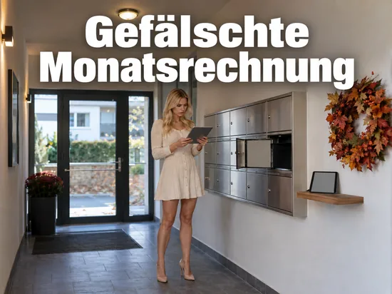 Frau blickt im Hausflur vor den Briefkästen misstrauisch auf ein Tablet