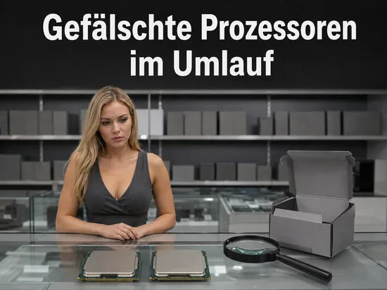 Frau im Elektronikladen mit zwei Prozessoren und einer Lupe