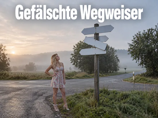 Frau schaut an einer nebligen Landstraßenkreuzung zu einem Wegweiser mit verdrehtem, leerem Schild hinauf
