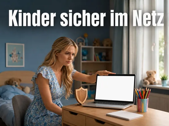 Frau am Laptop im Kinderzimmer mit Schutzschild-Symbol, Schriftzug Kinder sicher im Netz