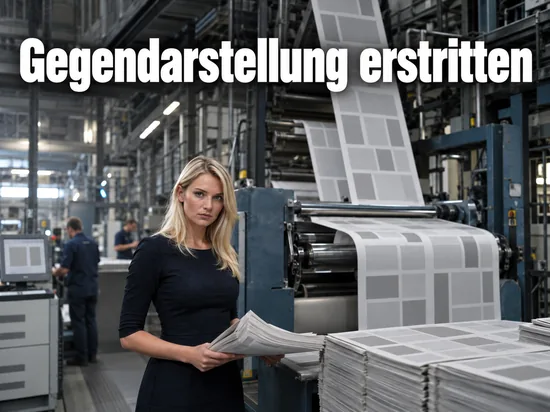 Frau steht mit Zeitungen an einer Rotationsmaschine in einer Druckerei