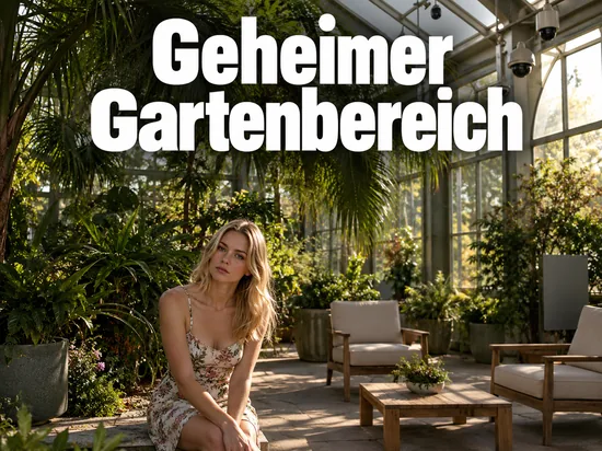 Frau in einem dicht bepflanzten Wintergarten mit Liegestuehlen und Kameras