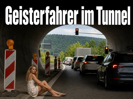 Wartende Autokolonne vor einer roten Ampel an einer Tunnelausfahrt