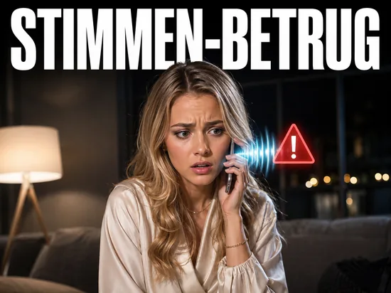 Besorgte blonde Frau am Telefon mit Schallwellen und Warnsymbol, Symbolbild Betrug mit geklonten Stimmen