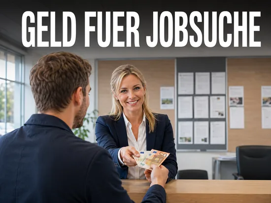 Geld vom Staat für die Jobvermittlung, freundliche Geschäftsfrau überreicht Euro-Scheine an einen Jobsuchenden im Jobcenter