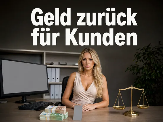 Schreibtisch mit Monitor, Geldscheinen und Messingwaage