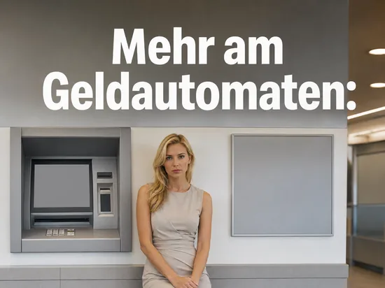 Frau in einer Bankfiliale neben einem Geldautomaten mit leerem Display