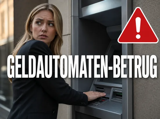 Wachsame Geschäftsfrau am Geldautomaten deckt die Tastatur ab, daneben ein rotes Warnsymbol, Symbolbild für den Schutz vor Betrug am Geldautomaten