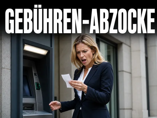 Banken kassieren hohe Gebühren an fremden Geldautomaten, schockierte Geschäftsfrau mit Beleg am Bankautomaten