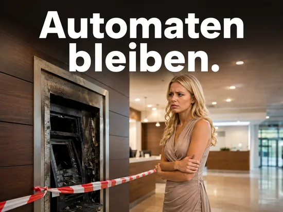 Frau im Bankfoyer vor einem gesprengten Geldautomaten mit Absperrband: Sparkassen halten trotz Sprengungen an Geldautomaten fest