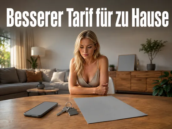 Frau am Wohnzimmertisch mit Smartphone, Schlüssel und Vertragsblatt
