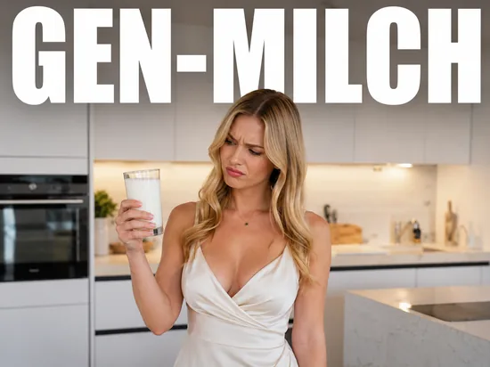 Blonde Frau betrachtet skeptisch ein Glas Milch, Symbolbild Gentechnik in Milch