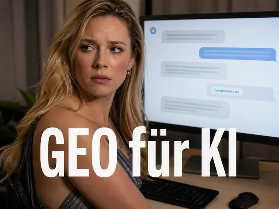 Frau vor einem Monitor mit einer KI-Antwort, die eine Website zitiert