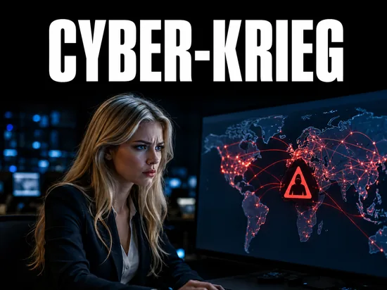 Blonde Geschaeftsfrau blickt angespannt auf Bildschirm mit digitaler Weltkarte und Hacker-Warnsymbol, Schriftzug Cyber-Krieg