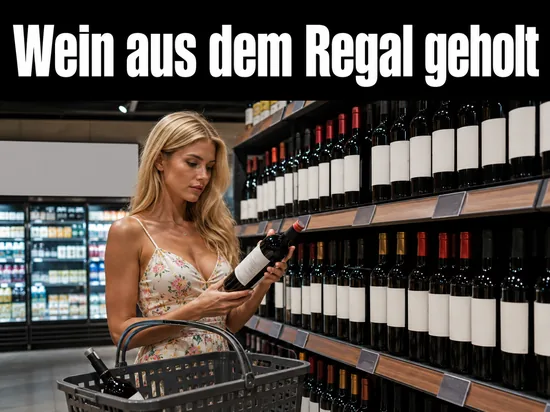 Supermarktregal mit Rotweinflaschen ohne Etiketten als Symbol fuer beanstandeten Wein im Handel