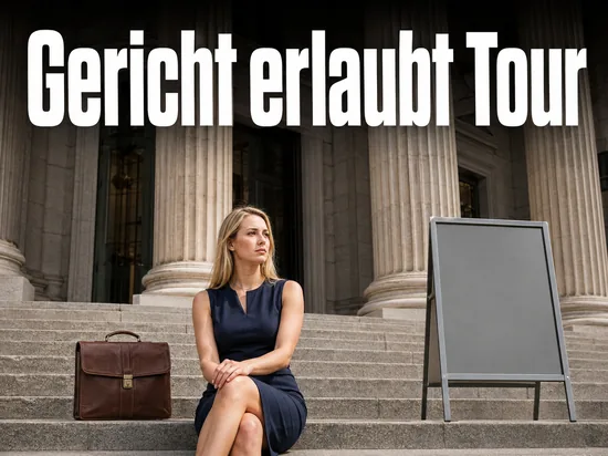 Treppe eines Gerichtsgebaeudes mit Saeulen und einer Aktentasche