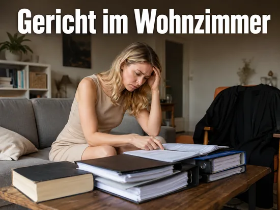 Frau im Wohnzimmer mit Aktenordnern und Robe: Gerichtsverhandlung im Wohnzimmer des Angeklagten