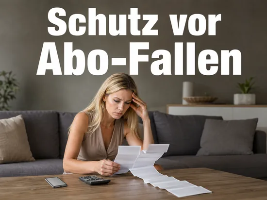 Frau sitzt im Wohnzimmer und prueft eine lange Telefonrechnung neben Handy und Taschenrechner