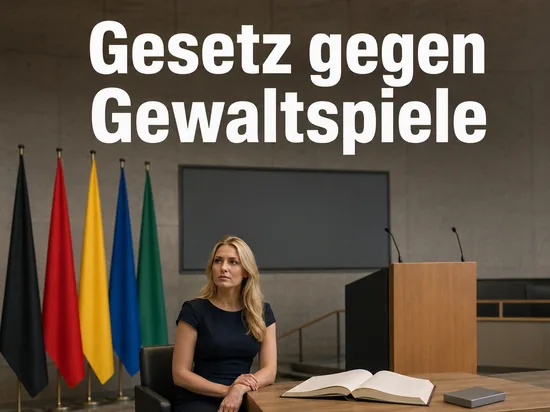Parlamentsraum mit Rednerpult, Flaggen und aufgeschlagenem Gesetzbuch