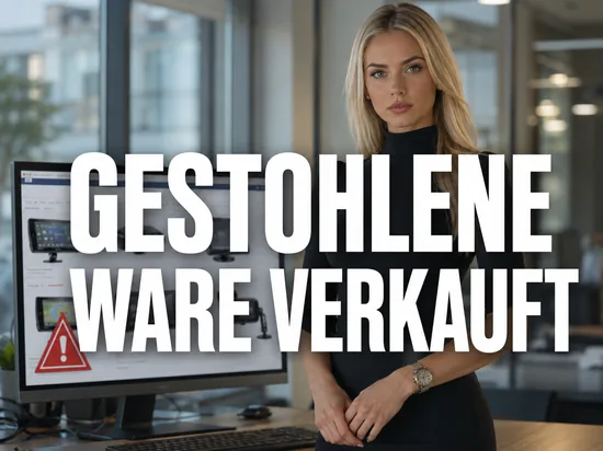 Blonde Geschaeftsfrau vor Monitor mit Navigationsgeraeten auf Verkaufsplattform und Warndreieck, Schriftzug Gestohlene Ware verkauft
