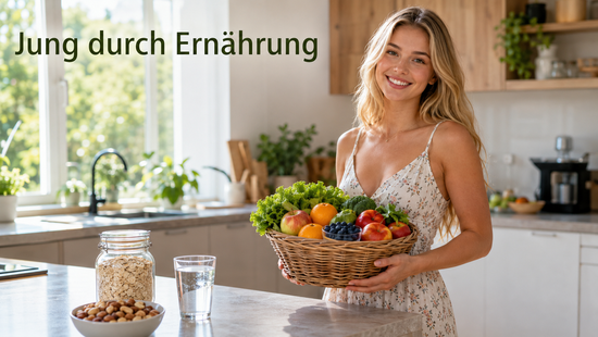 Junge blonde Frau im Sommerkleid hält frisches Obst und Gemüse, Symbolbild für gesunde Ernährung gegen vorzeitige Zellalterung