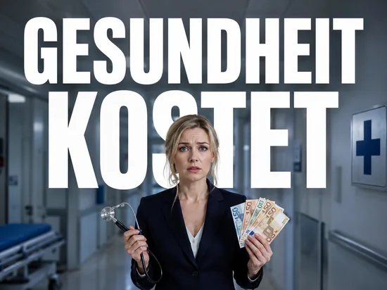 Gesundheitsreform belastet Arbeitnehmer mit Milliarden, besorgte Geschäftsfrau mit Stethoskop und Euro-Scheinen im Krankenhausflur