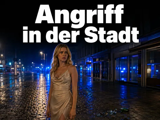 Frau in naechtlicher Innenstadt mit Blaulicht-Spiegelungen und zerbrochener Glasflasche: Gewalttat in der Erfurter Innenstadt