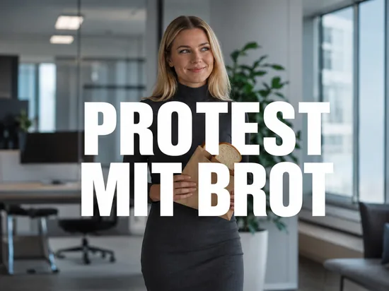Blonde Frau haelt amuesiert einen Briefumschlag mit einer Scheibe Brot, Schriftzug Protest mit Brot