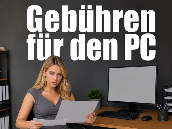 Frau sitzt an einem Schreibtisch mit Computer und haelt einen Gebuehrenbescheid