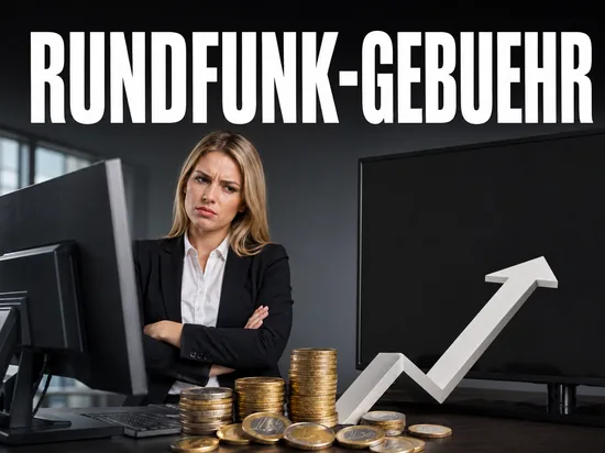 Skeptische blonde Frau zwischen Computer-Monitor und Fernseher mit steigenden Euro-Muenzen, Symbolbild Rundfunkgebuehren auch fuer PCs
