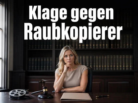 Anwaltsbuero mit Filmrolle, Richterhammer und Akte als Symbol fuer eine Klage gegen Raubkopierer