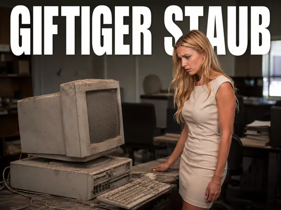 Besorgte blonde Frau vor staubigem Computermonitor, Symbolbild giftiger Staub aus PCs