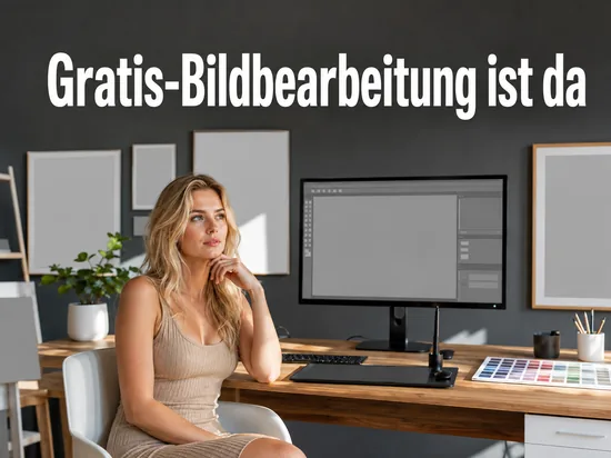 Kreativ-Arbeitsplatz mit Monitor, Grafiktablett und Farbpalette als Symbol fuer eine kostenlose Bildbearbeitung