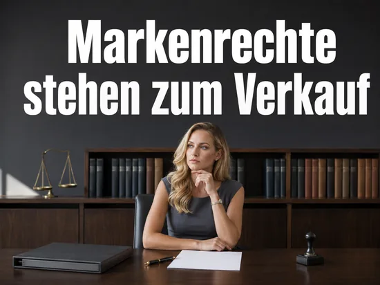 Anwaltsschreibtisch mit Aktenordner, Stempel und Waage als Symbol fuer den Verkauf von Markenrechten