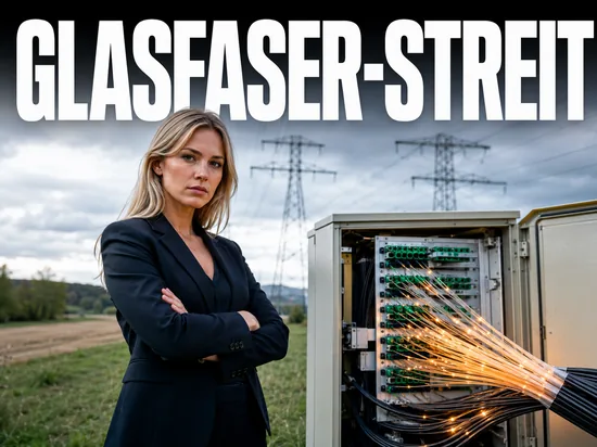 Ernste blonde Geschaeftsfrau vor Netzwerk-Verteilerkasten mit leuchtenden Glasfaserkabeln, Symbolbild Streit um das Glasfasernetz eines Telekommunikationskonzerns