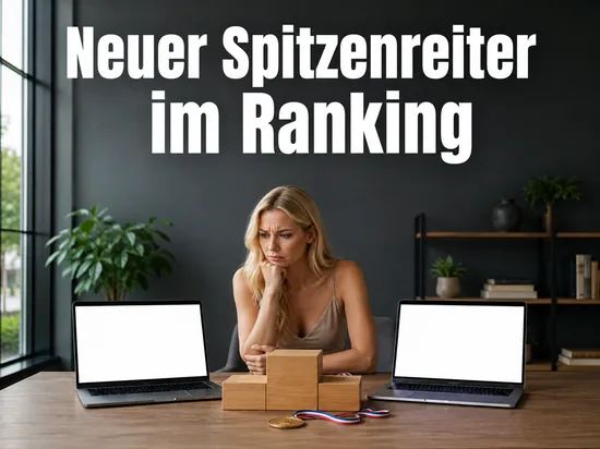 Frau zwischen zwei Laptops mit Siegertreppchen und Medaille, Schriftzug Neuer Spitzenreiter im Ranking
