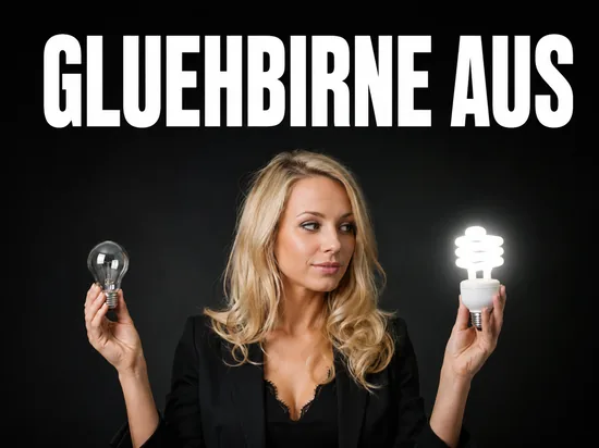 Blonde Frau haelt ausgeschaltete Gluehbirne und leuchtende Energiesparlampe, Symbolbild Produktionsende der Gluehbirne zugunsten von Energiesparlampen