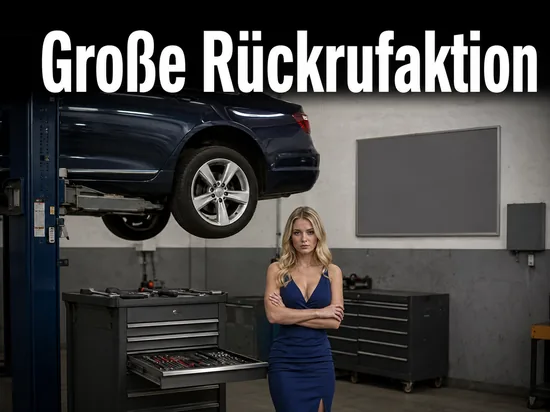 Auto auf einer Hebebühne in einer Kfz-Werkstatt neben einem Werkzeugwagen