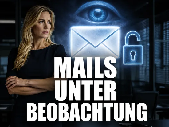 Blonde Geschäftsfrau vor leuchtendem Briefumschlag mit beobachtendem Auge und offenem Schloss als Symbol für die Datenschutzkritik an Gmail