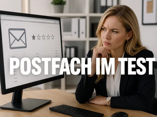 Blonde Geschaeftsfrau blickt skeptisch auf ein E-Mail-Postfach mit Bewertungssternen, Schriftzug Postfach im Test