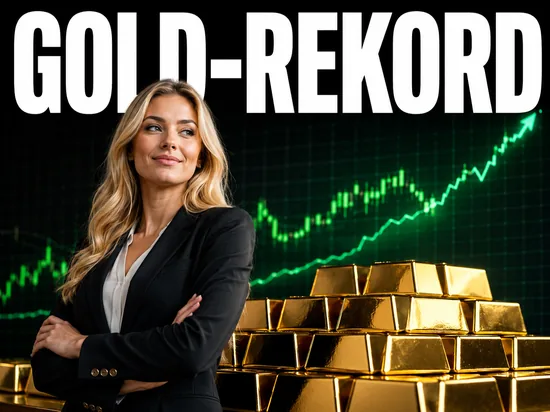 Blonde Geschaeftsfrau mit Goldbarren, Symbolbild Gold-Rekord